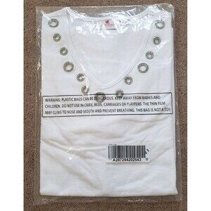 Quacker Factory Women's Long Sleeves Shirt Jeweled White V-Neck Pockets Size L